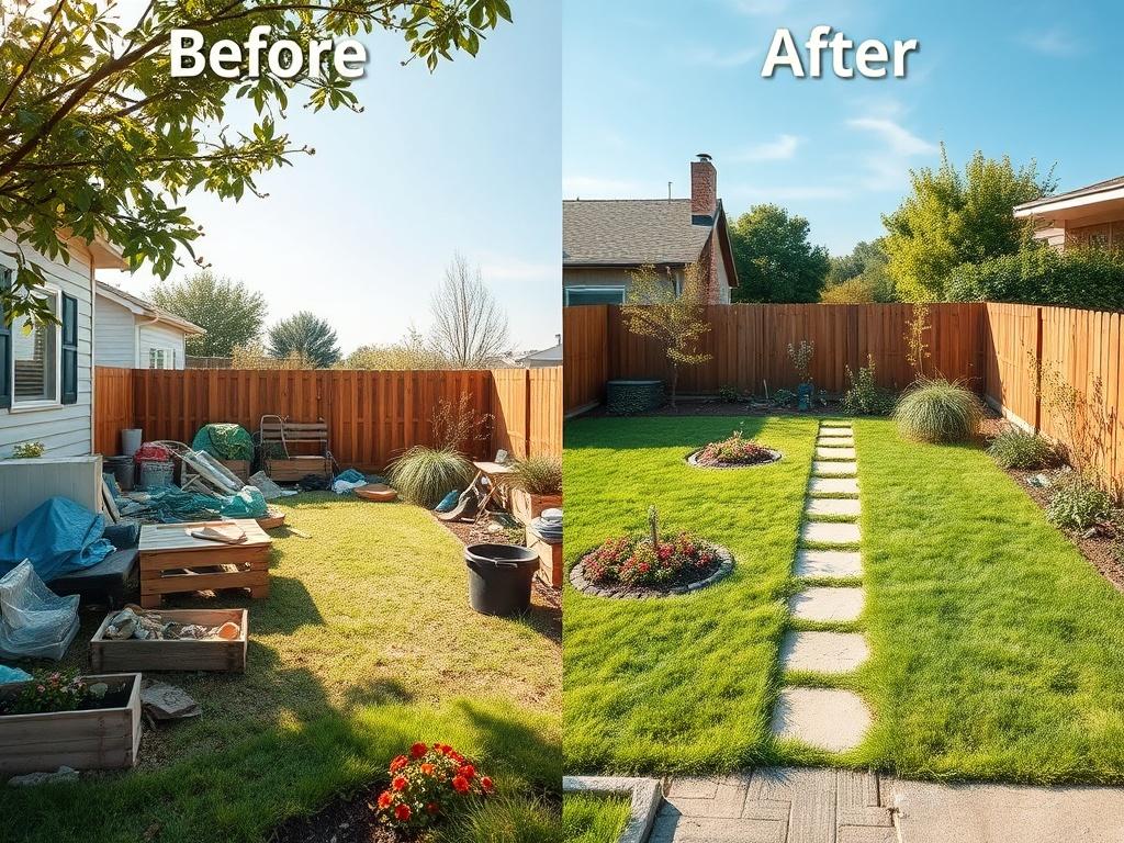 A before and after image of a yard clean up,