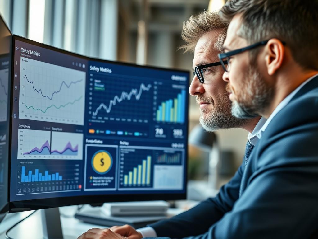 A high resolution image of a business manager reviewing safety