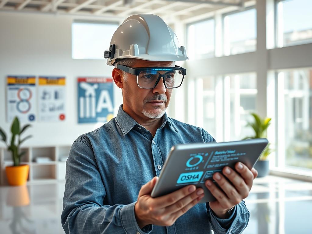 Create a hyper-realistic, high-resolution image focused on a modern office environment that encapsulates the theme "Maximize Safety with AI Solutions." The primary subject of the image should be a professional-looking safety consultant, a middle-aged individual wearing a smart safety helmet, and advanced safety glasses equipped with technology displaying real-time data. The consultant should be intently analyzing a digital tablet that showcases automated OSHA protocols, with graphics highlighting safety met