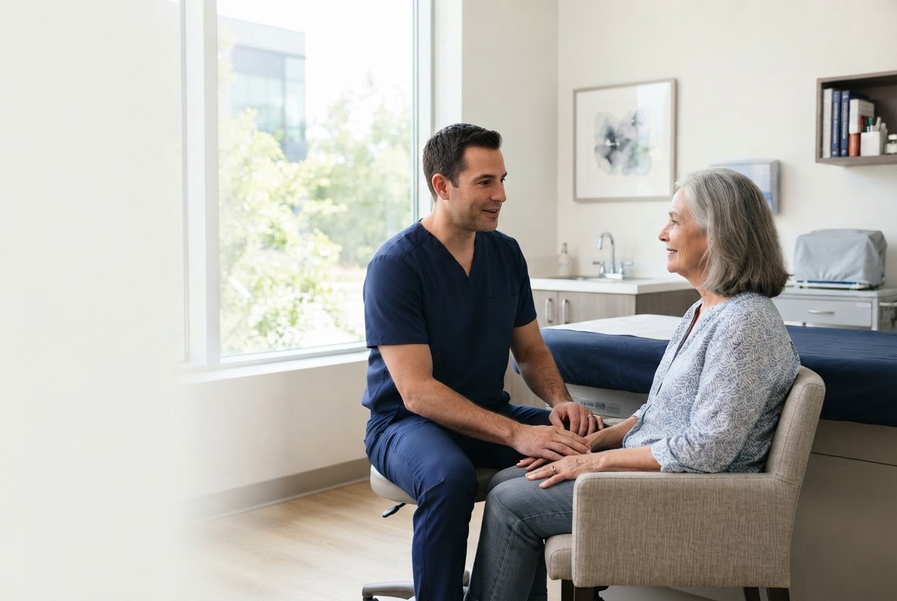 A physician speaks with an older patient in a bright exam room