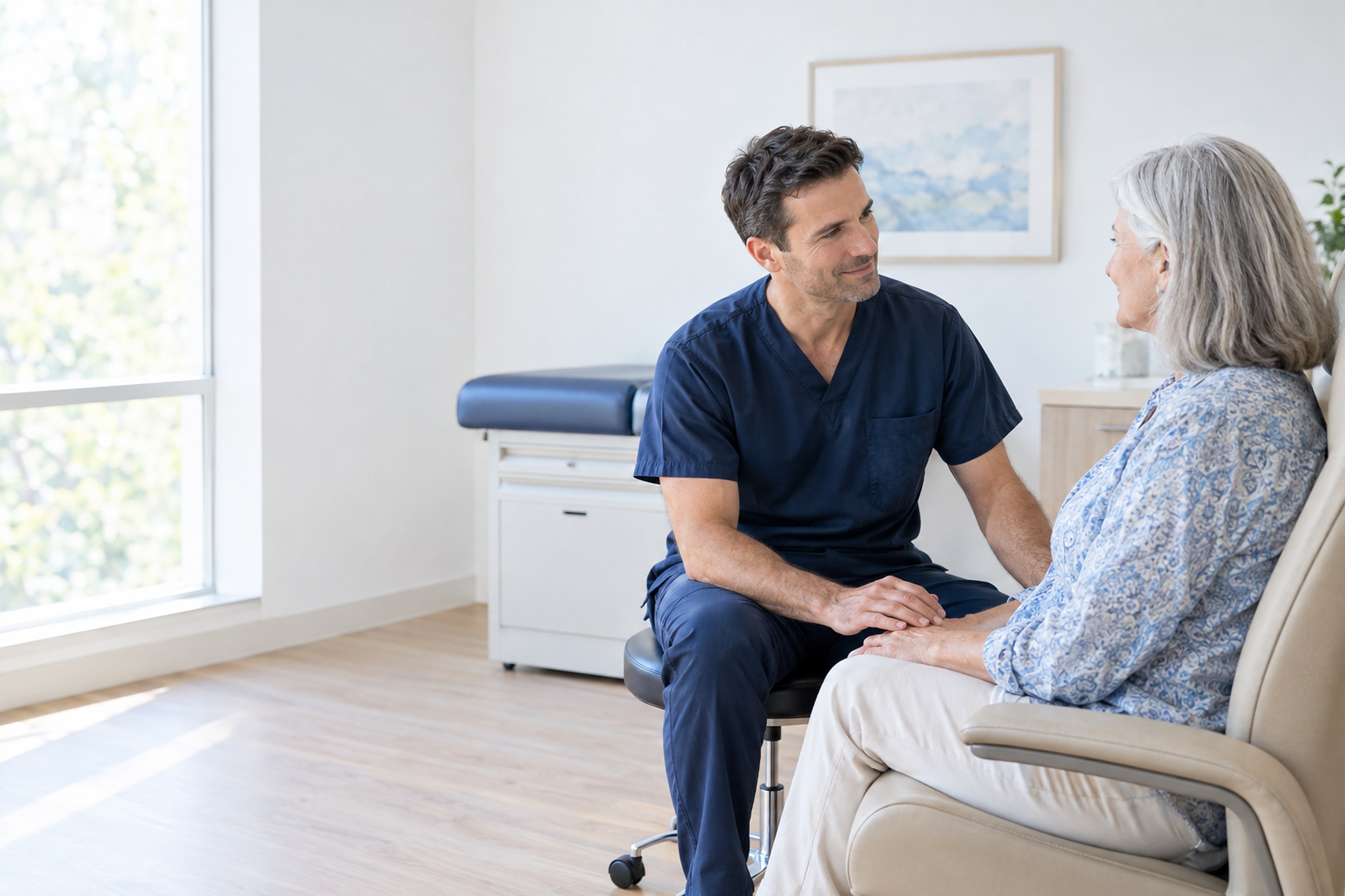 A physician and patient talking in a sunlit exam room