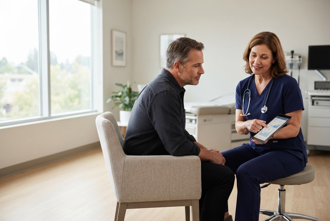 An internist reviews results with a patient in a sunlit exam room