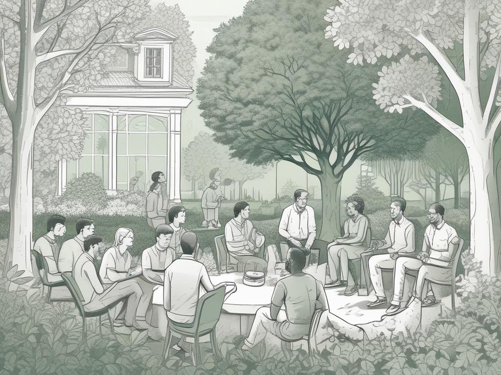 A warm and inviting image of a diverse group of people engaging in a community activity, such as a workshop or group discussion. The background features a lush green park setting with trees, symbolizing growth and connection. The people are smiling and appear to be supporting each other, reflecting hope and collaboration.