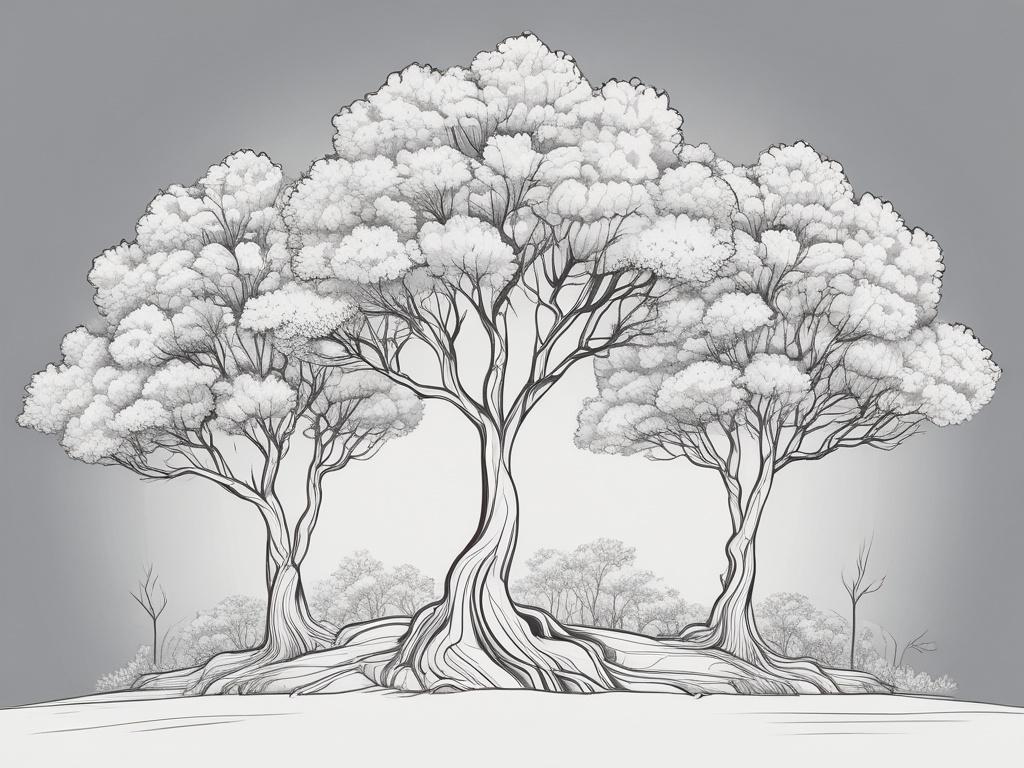 A high-quality illustration of a tree with four seasons, representing growth and transformation, with a solid black line drawing style, set against a simple background.