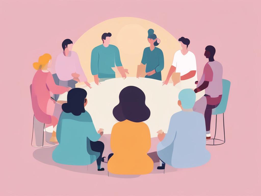 A group of diverse individuals participating in a workshop, showcasing teamwork and empowerment, against a clean and bright backdrop.