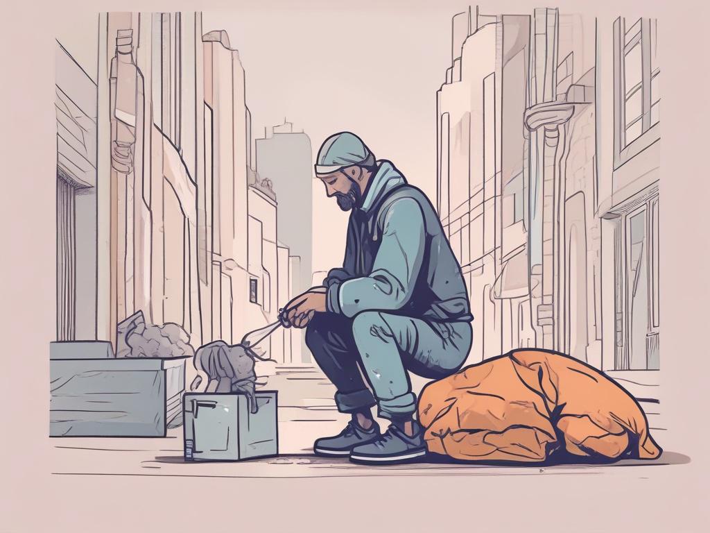 A caring outreach worker engaging with a homeless person in a compassionate manner, set in a warm and inviting environment.