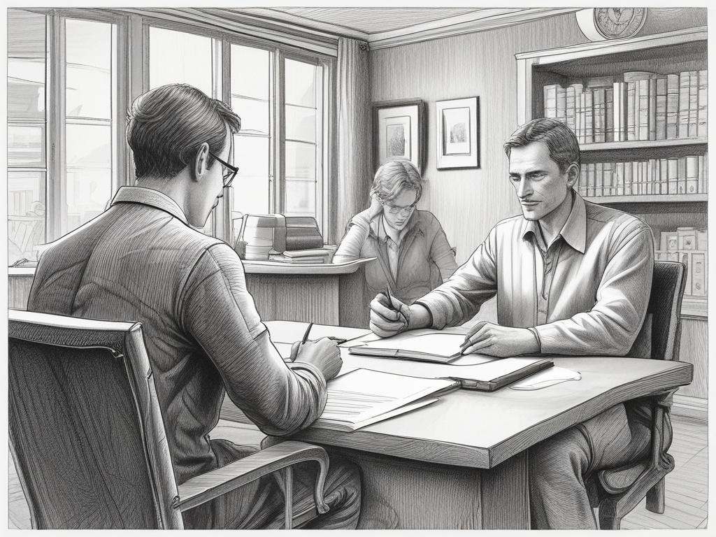 A detailed pencil sketch of a person receiving job coaching and guidance in a supportive environment with a focus on skill development.