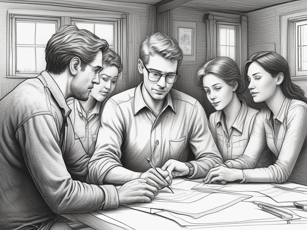 A detailed pencil sketch of a group of people engaging in a job training session, with a supportive mentor guiding them, in a warm environment.