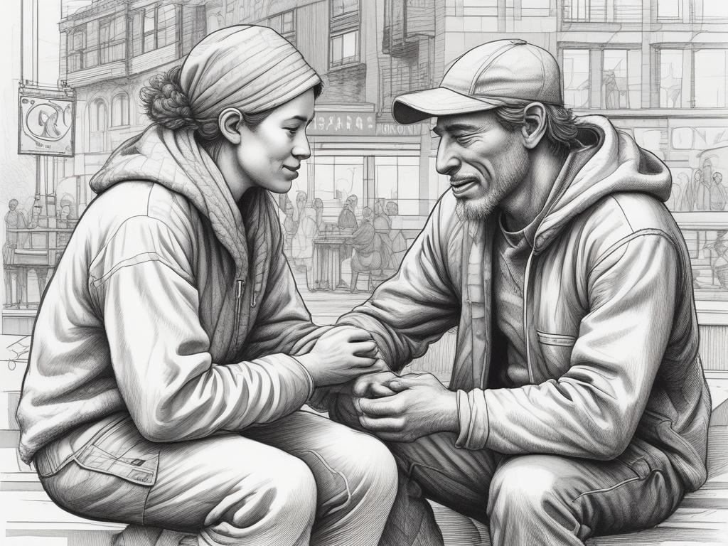 A detailed pencil sketch of a compassionate outreach worker interacting with a homeless person, providing assistance and support.