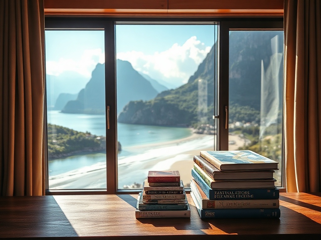 Window view with travel books on desk overlooking holiday destination