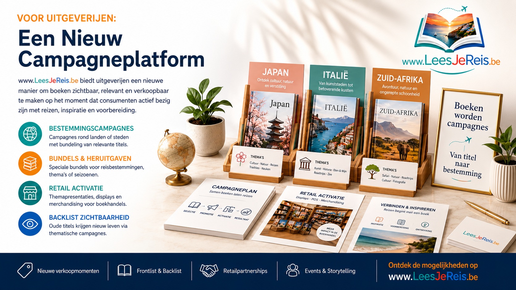Publisher campaign platform with destination-themed book collections and author events