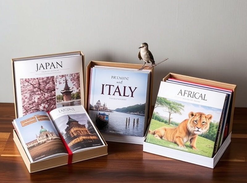 Destination book collections with Japan cherry blossom theme, Italy Venice photography, and South Africa safari elements