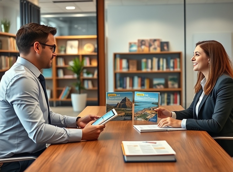 Business meeting between publisher and bookstore discussing marketing strategy with destination packages