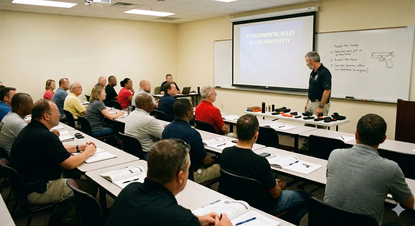 Professional instructor teaching firearms safety and handling to classroom of students