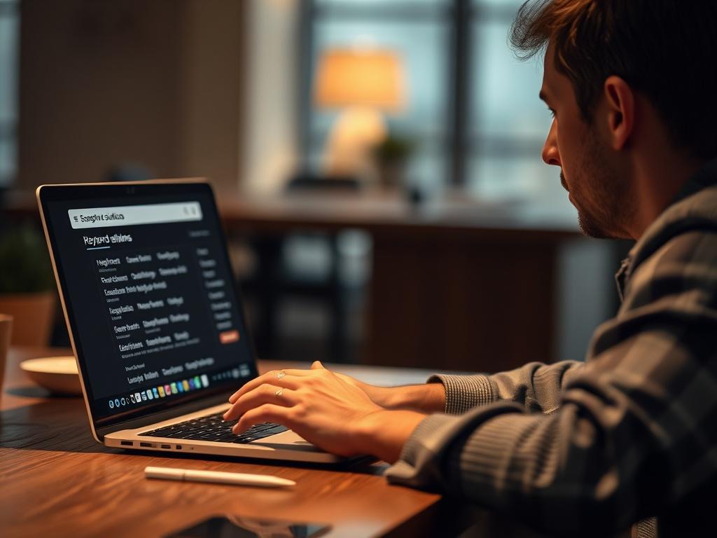 A realistic high-resolution photo of a person sitting at a table, deep in thought, looking at a laptop displaying a search engine with various keywords related to finding solutions. The background is softly blurred, emphasizing the subject. The lighting is warm and inviting, suggesting a sense of hope and determination. The color palette aligns with the primary color rgb(193, 153, 87).