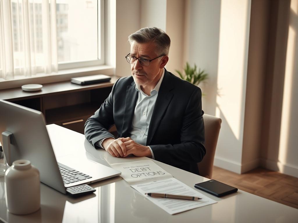Create a highly realistic high-resolution photo that captures the essence of "Debt Relief Options." The composition should feature a single, well-dressed individual sitting at a clean, modern desk. This subject is a middle-aged person with a thoughtful expression, looking at a laptop screen that displays a simple, organized layout of debt relief options, though the screen itself should not contain any visible text. The individual is surrounded by neatly arranged documents, a calculator, and a small notepad 