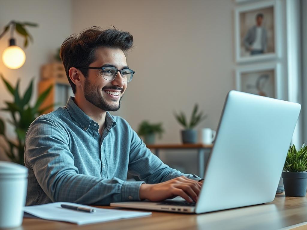 A close-up shot of a confident individual sitting at a desk with a laptop open. The person is smiling and looking at the screen, indicating satisfaction after completing a form. In the background, a cozy home office setting with soft lighting and plants, creating a warm atmosphere. The color palette should include shades of rgb(193, 153, 87) to align with the website's theme.
