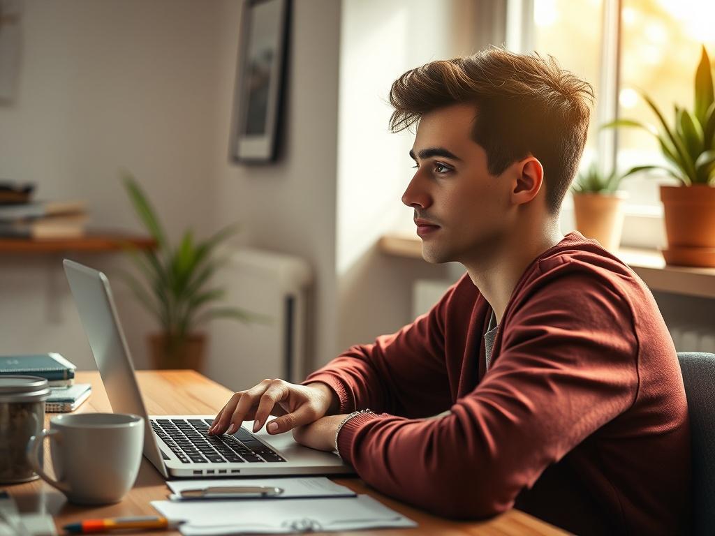 A high-resolution close-up shot of a young adult contemplating insurance options. The subject is sitting at a desk with a laptop open, displaying various insurance quotes on the screen. Soft natural light streams in from a nearby window, creating a warm and inviting atmosphere. The background features a few personal items like a coffee mug and a potted plant, emphasizing a cozy work environment. The overall composition conveys a sense of decision-making and accessibility, reflecting the theme of choosing be