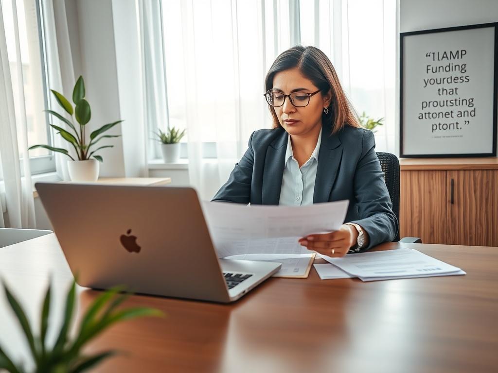 Create a realistic high-resolution photo that encapsulates the theme of "Business Funding." The composition should feature a single subject: a professional, focused entrepreneur in a modern office environment. The entrepreneur, a middle-aged South Asian woman, is sitting at a sleek wooden desk, engaged in thoughtful deliberation while reviewing documents and financial spreadsheets on a laptop. 

The background should include a large window with natural light streaming in, filtered through sheer white curtai