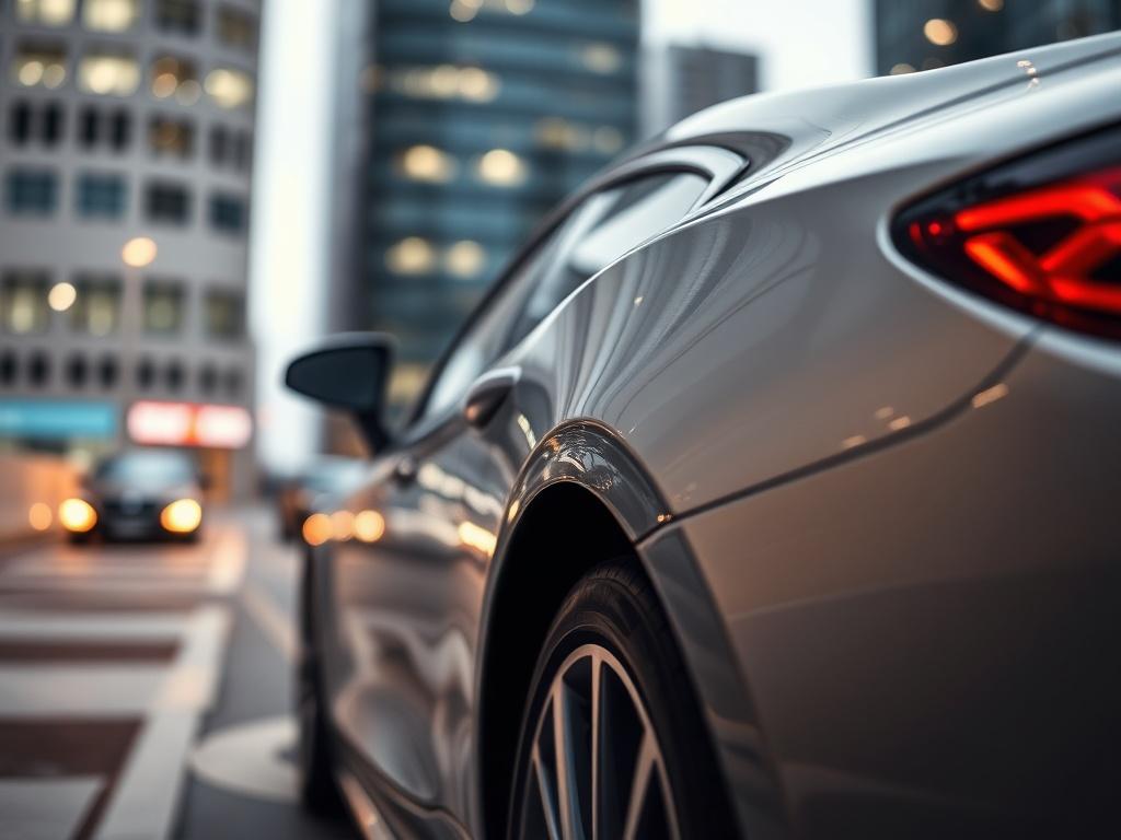 A close-up shot of a sleek, modern car parked in a well-lit urban environment, highlighting its shiny exterior and smooth curves. The background features blurred city buildings, creating a sense of sophistication and mobility. The image is shot with a 45mm f/1.2 lens style, ensuring the car is the focal point while the background softly fades away.