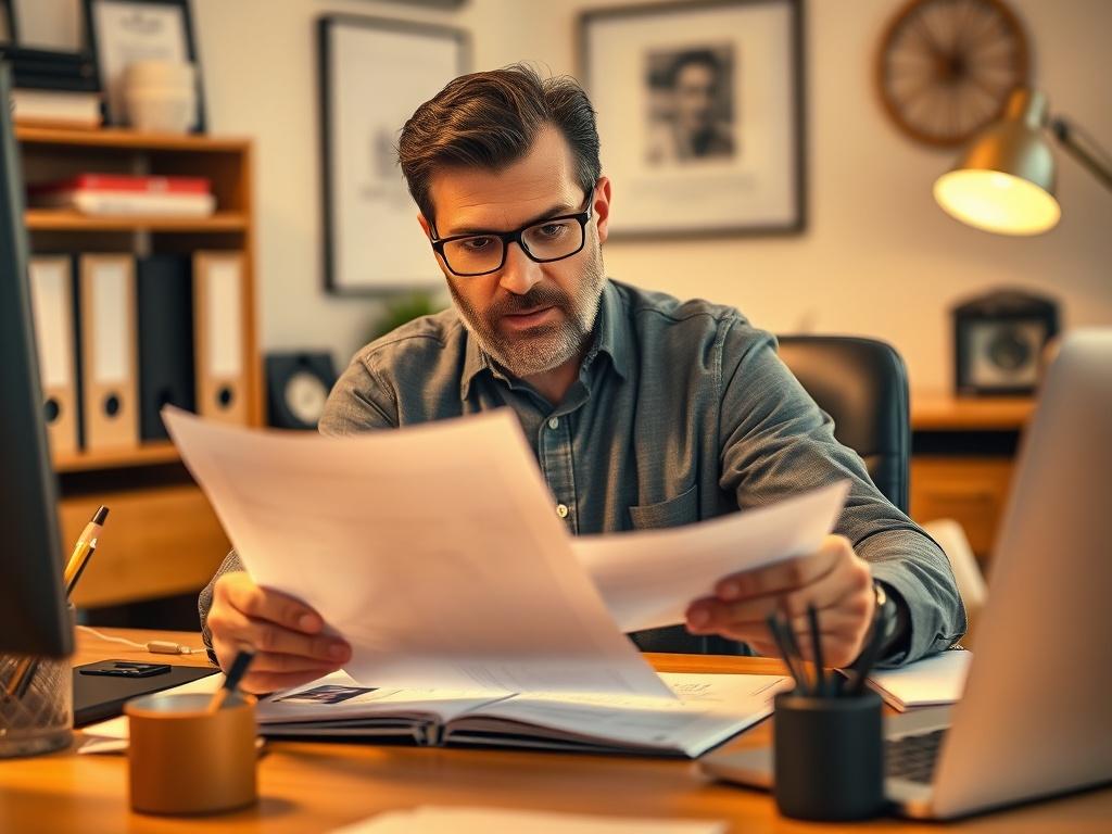 A close-up shot of a small business owner reviewing insurance documents at their desk, surrounded by essential office items. The lighting should be warm and inviting, creating a sense of security and professionalism. The focus should be on the owner's thoughtful expression as they consider their options.