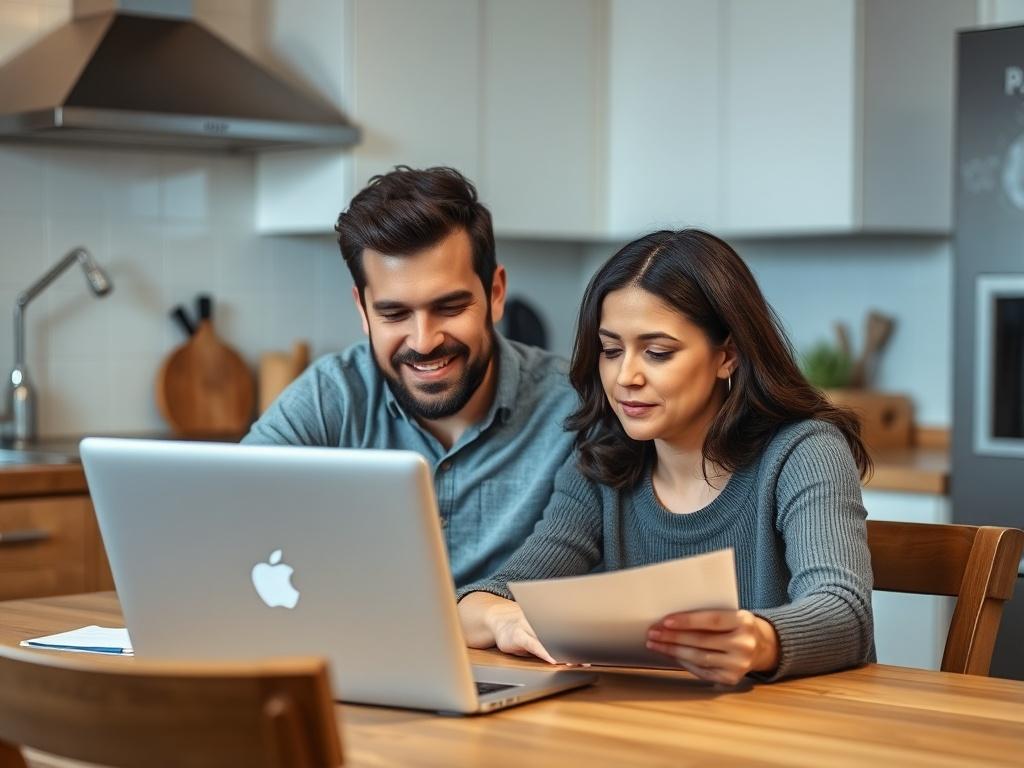 A close-up shot of a couple sitting at a kitchen table, looking at financial documents with a laptop open. The atmosphere is calm and supportive, with soft lighting that creates a comforting ambiance. The focus should be on the couple's expressions of hope and determination, with the kitchen setting suggesting a personal and intimate discussion about debt relief.