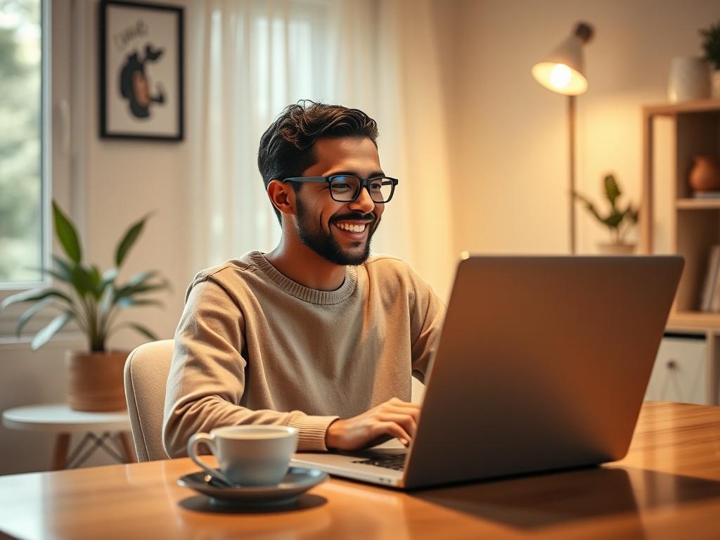 A close-up shot of a relaxed individual sitting at a desk in a cozy, well-lit home office. The subject is smiling, looking at a laptop screen displaying a list of options. In the background, soft lighting creates a warm atmosphere, with a plant and a coffee cup on the desk. The primary color scheme features shades of beige and brown, complementing the relaxed vibe of decision-making without stress.
