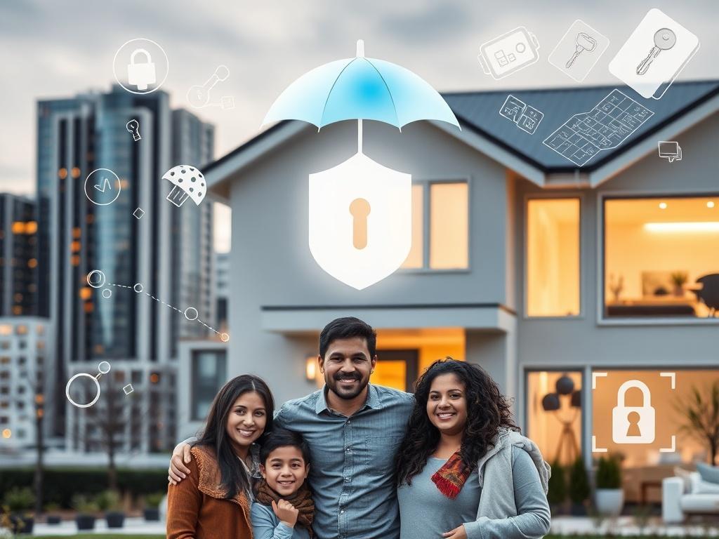 A modern home with a protective shield or umbrella icon hovering above, symbolizing safety and security. In front of the home, a diverse family stands together, smiling and appearing content. The background features a cityscape with a polished, clean look, showcasing steel grey buildings with pops of color. Subtle layered graphics such as keys, a lock, and blueprint lines are integrated to convey a sense of safety and structure. Additionally, lifestyle imagery elements like a cozy living room with warm ligh