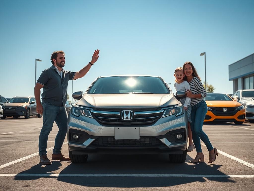 Create a realistic high-resolution photo depicting a joyful family gathered around a brand-new vehicle in a sunlit car dealership parking lot. The composition should focus solely on the family, consisting of four members: two adults and two children, exuding excitement and happiness as they celebrate their new purchase. The adults should be smiling and giving each other a high-five, while the children, one boy and one girl, are playfully posing next to the car, showing off their radiant smiles and enthusias