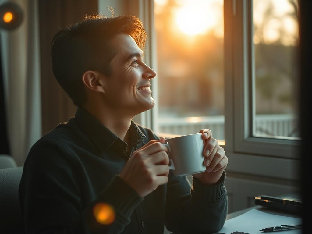 A serene image of a relaxed individual enjoying a cup of coffee, looking content while glancing out of a window. The soft morning light should illuminate the scene, conveying a sense of calm and satisfaction, with a hint of paperwork in the background.