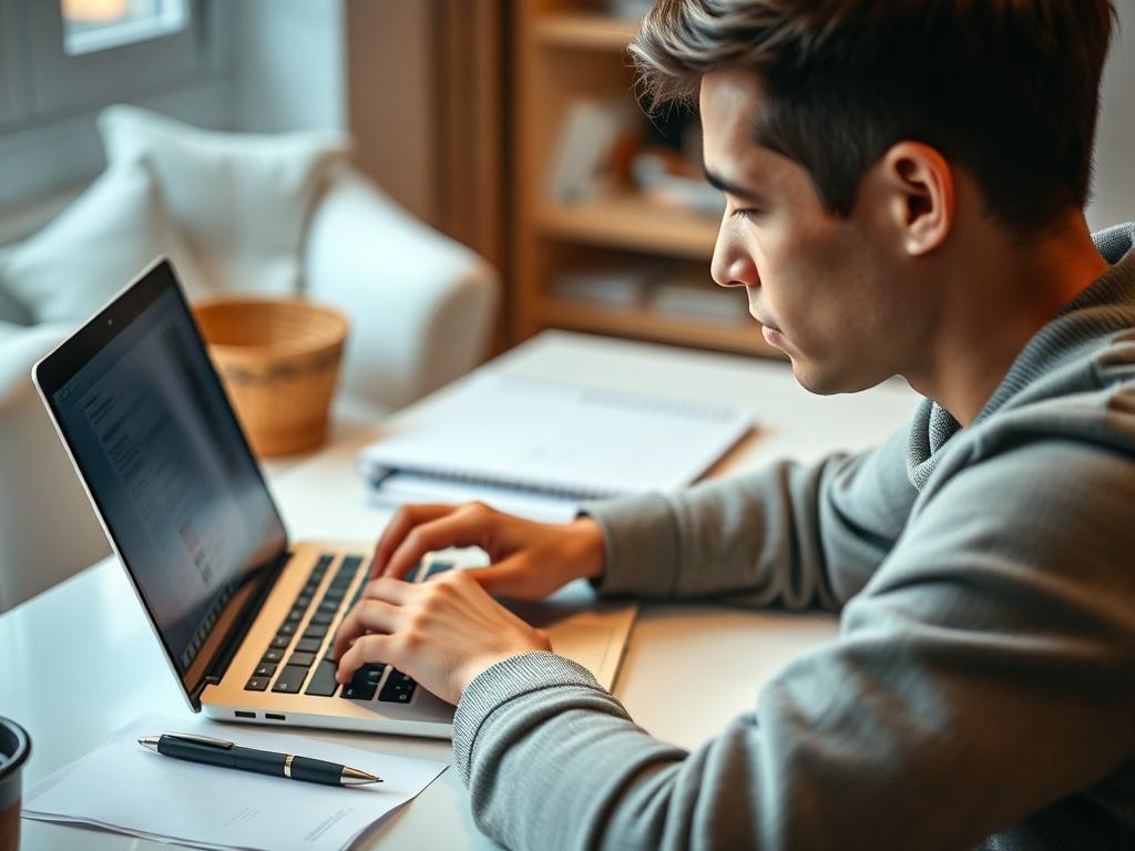 A close-up shot of a person filling out a form on a laptop with a focused expression in a comfortable home environment. Use a clean desk setting with a warm light source, showcasing a pen and paper nearby for a personal touch. Ensure the background is softly blurred to keep the focus on the individual and the laptop screen.
