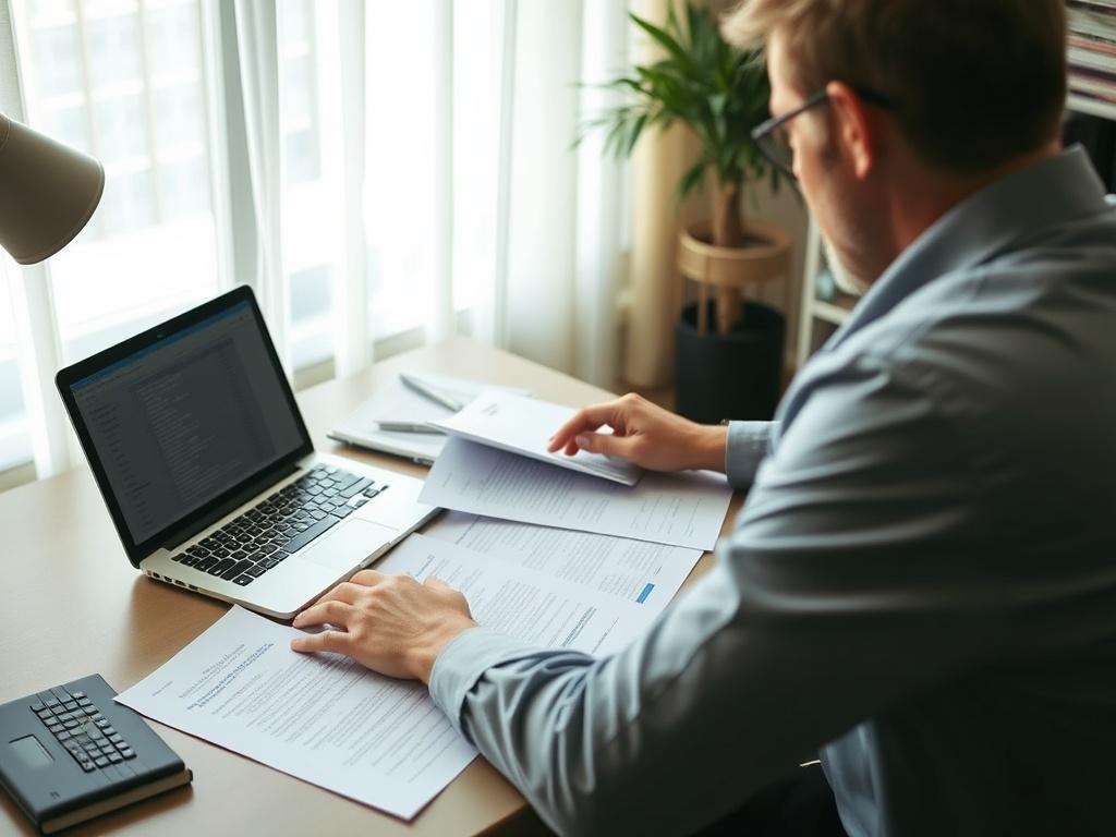 An image capturing a person seated at a desk, thoughtfully reviewing multiple documents or proposals spread out before them, with a laptop open. The scene should convey a sense of deliberation and choice, with natural lighting enhancing the focus on the documents.