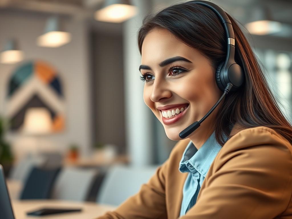 A close up shot of a friendly customer service representative