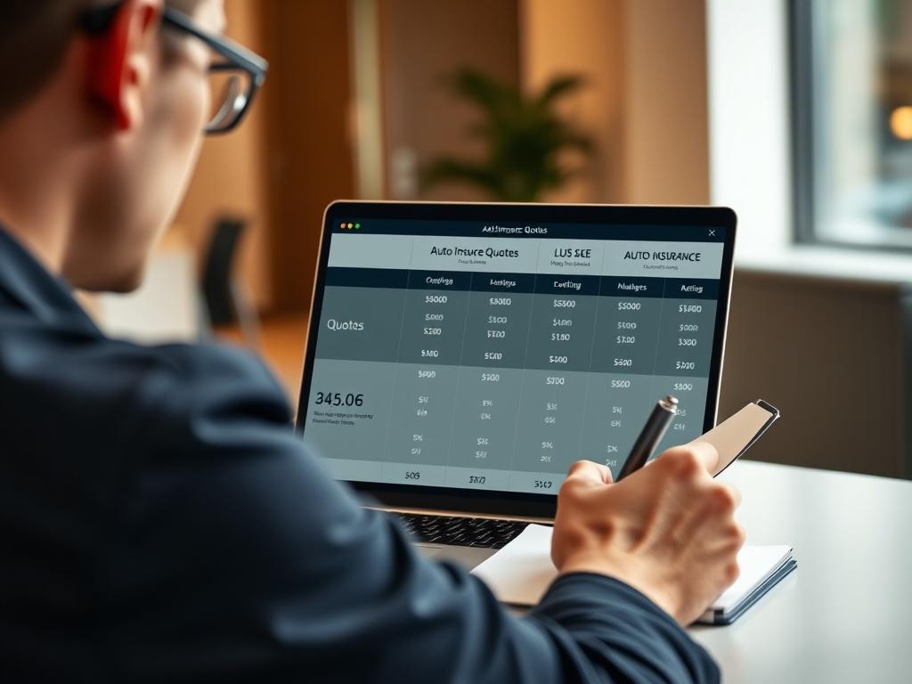 A close-up shot of a person sitting at a desk, reviewing three different auto insurance quotes on a laptop. The screen displays a comparison of the quotes with clear pricing and coverage details. The person looks engaged and thoughtful, taking notes on a notepad. The background is a clean and modern office space, with warm lighting and minimalistic decor. The composition focuses on the interaction with the laptop and the decision-making process.