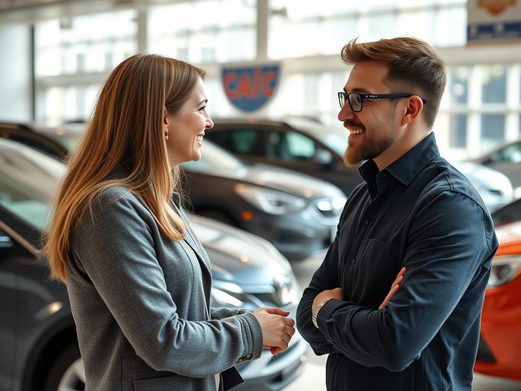 A high-resolution close-up shot of a car dealership, showcasing a friendly salesperson engaging with a customer. The background should feature various vehicles on display, under bright natural light, creating an inviting atmosphere. The focus should be on the interaction between the salesperson and the customer, highlighting trust and professionalism.