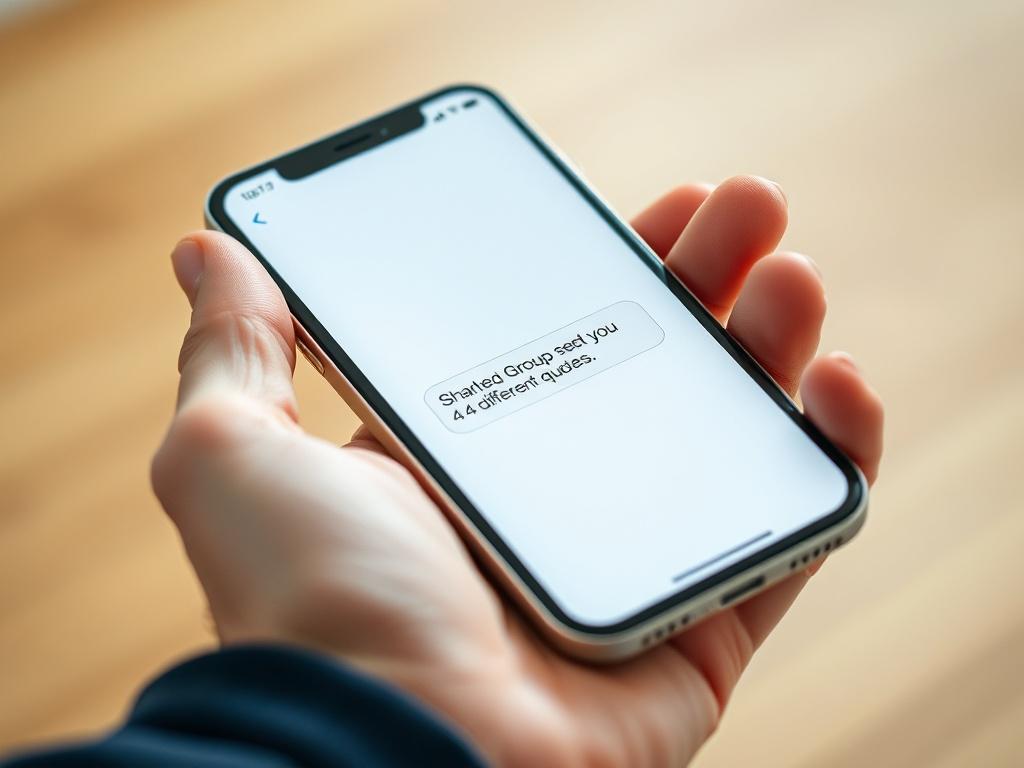 A close-up shot of a smartphone in a person's hand, displaying a text message notification. The screen shows a message that reads 'Sharked Group sent you 4 different quotes.' The background is softly blurred to emphasize the phone and the message. The phone should be modern with a sleek design, and the hand should appear relaxed, suggesting a casual interaction with technology.