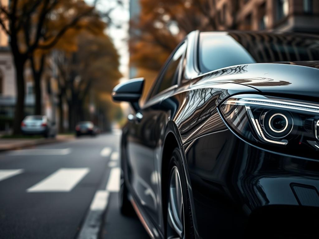A close up shot of a black luxury sedan parked