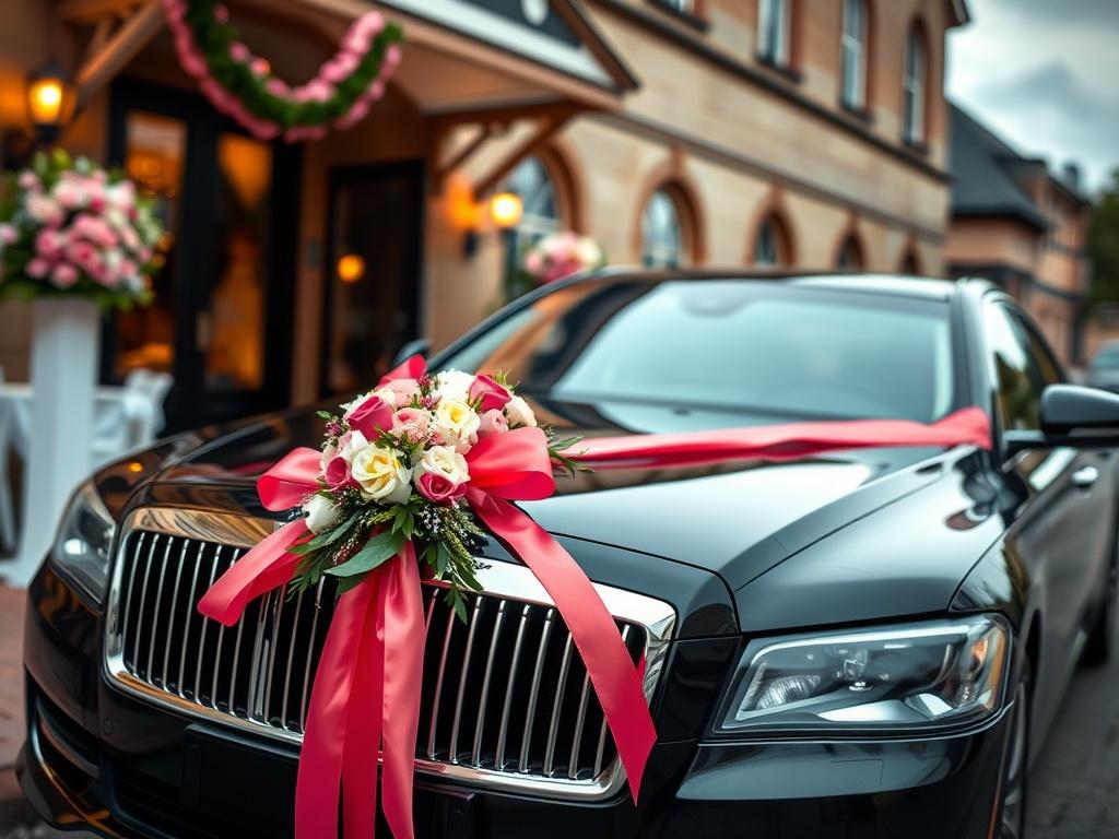 A beautifully decorated black car with ribbons and flowers parked