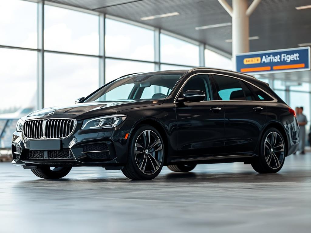 A luxurious black car with the airport terminal in the background, showcasing the car's elegant design and spacious interior. The scene captures a sense of readiness for travel, with a clear sky and airport signage visible, shot with a 45mm f/1.2 lens.