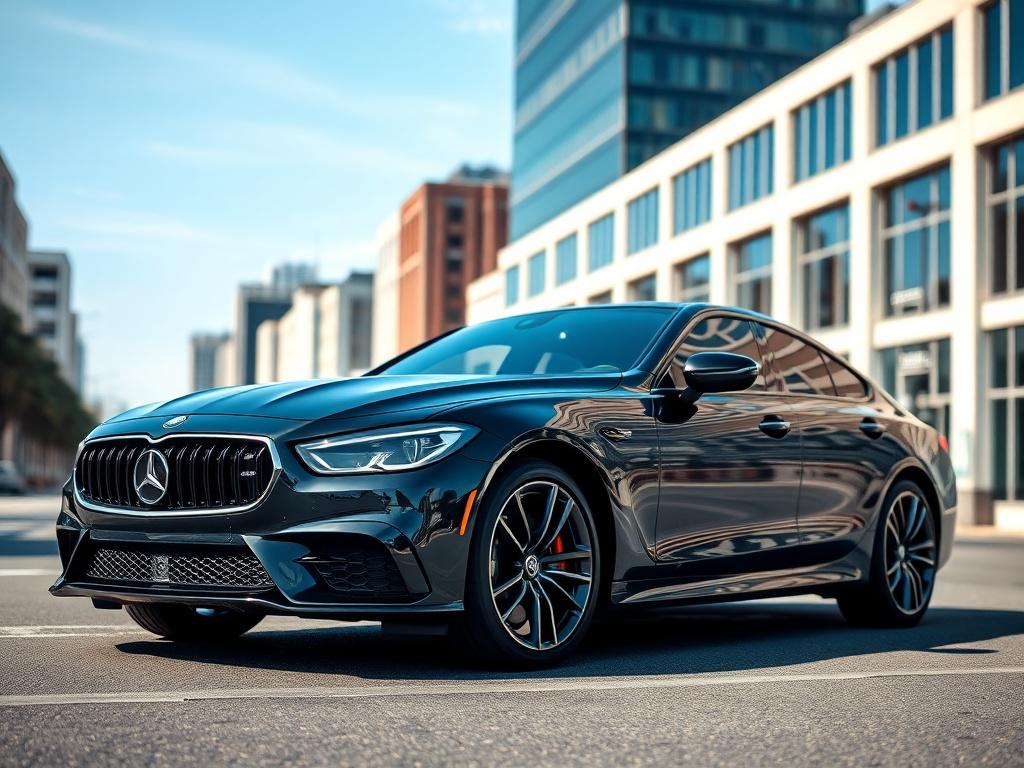 A sleek black luxury car parked elegantly on a smooth city street, with the background featuring modern buildings and a clear blue sky. The focus is on the car, highlighting its polished exterior and refined design, shot with a 45mm f/1.2 lens.