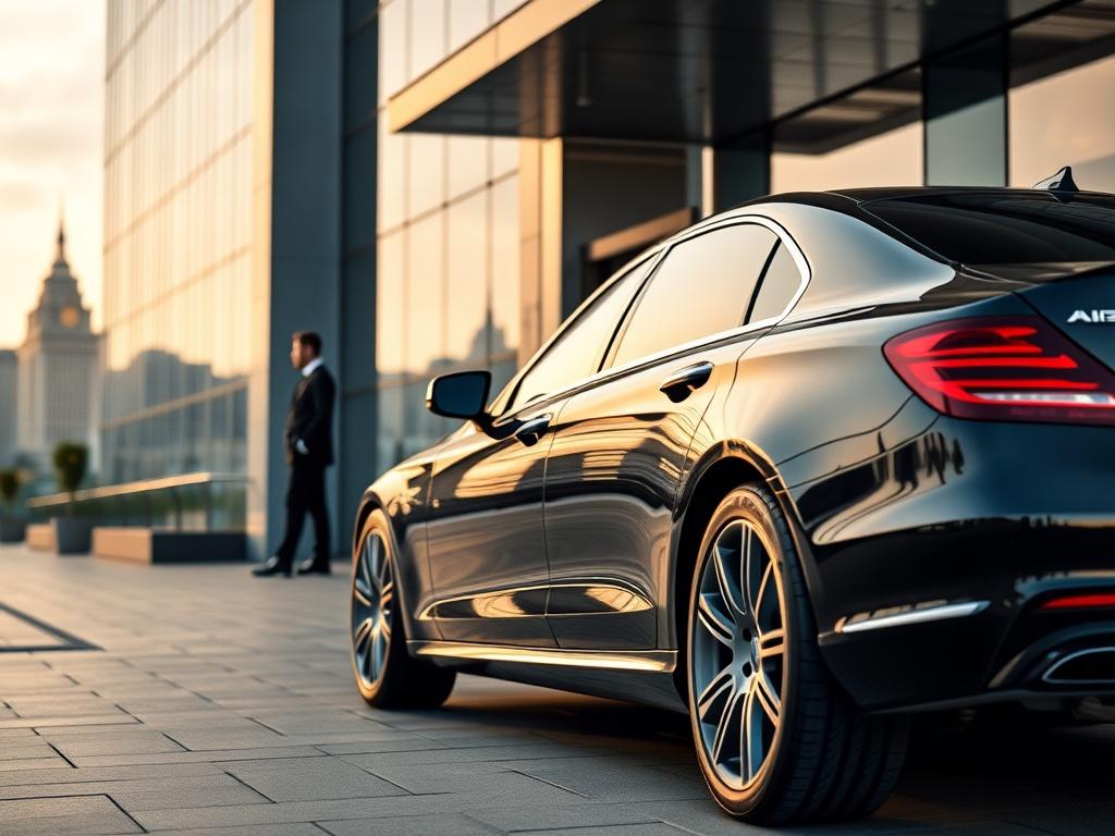 A black luxury car parked outside a modern corporate building, with a professional driver waiting by the door. The setting conveys a sense of professionalism and elegance, with the city skyline in the background, shot with a 45mm f/1.2 lens.
