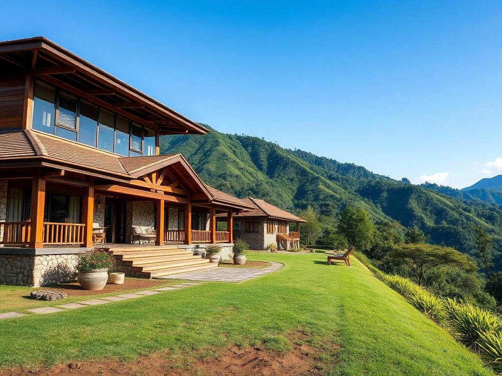 Create a high resolution of a luxury lodge set against