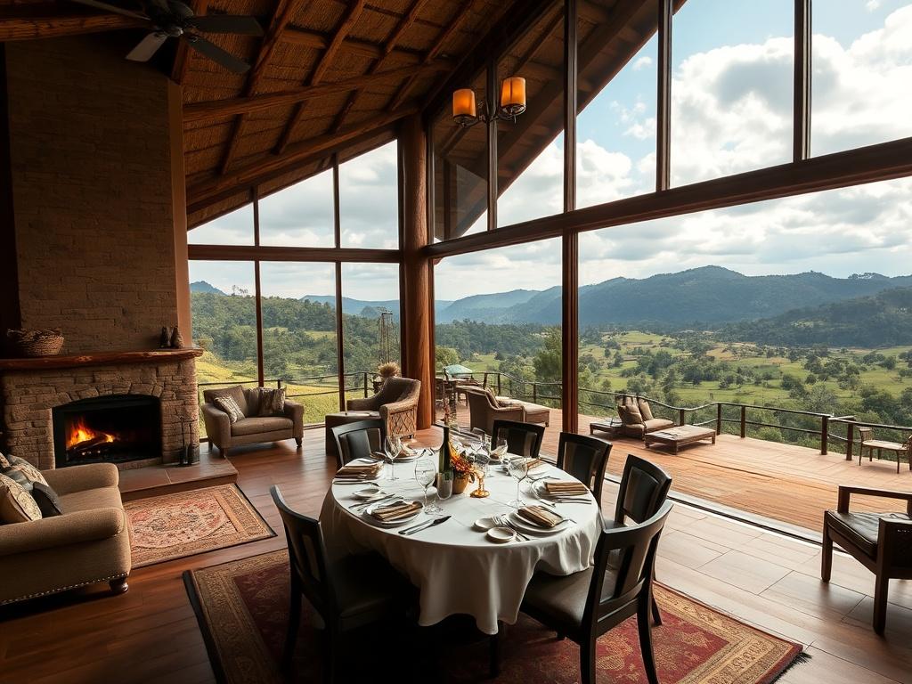 A luxurious lodge nestled in the Rwandan hills, featuring large