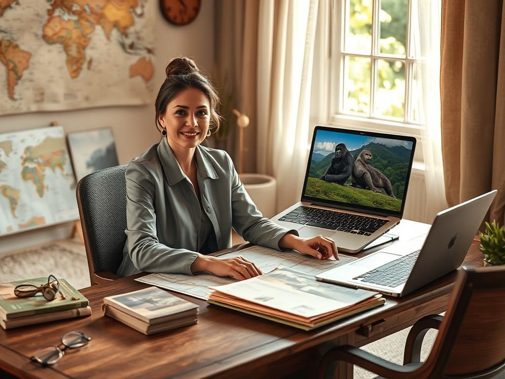 An elegant travel planner sitting at a beautifully arranged desk,