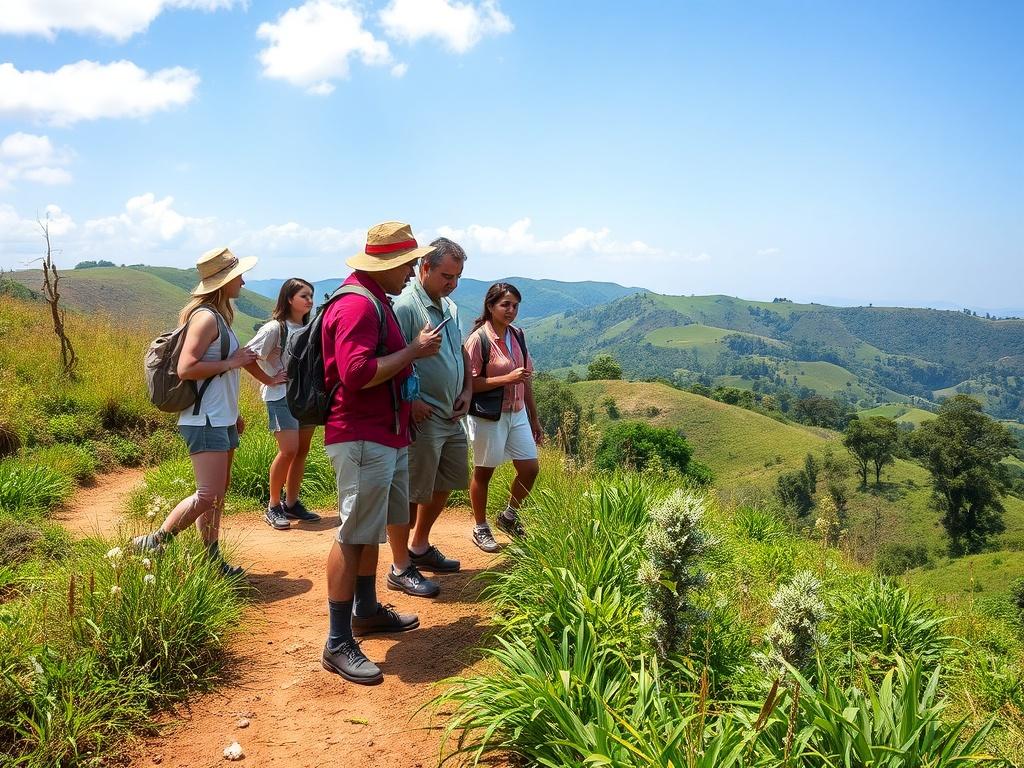 A vibrant outdoor scene showcasing a group of travelers on