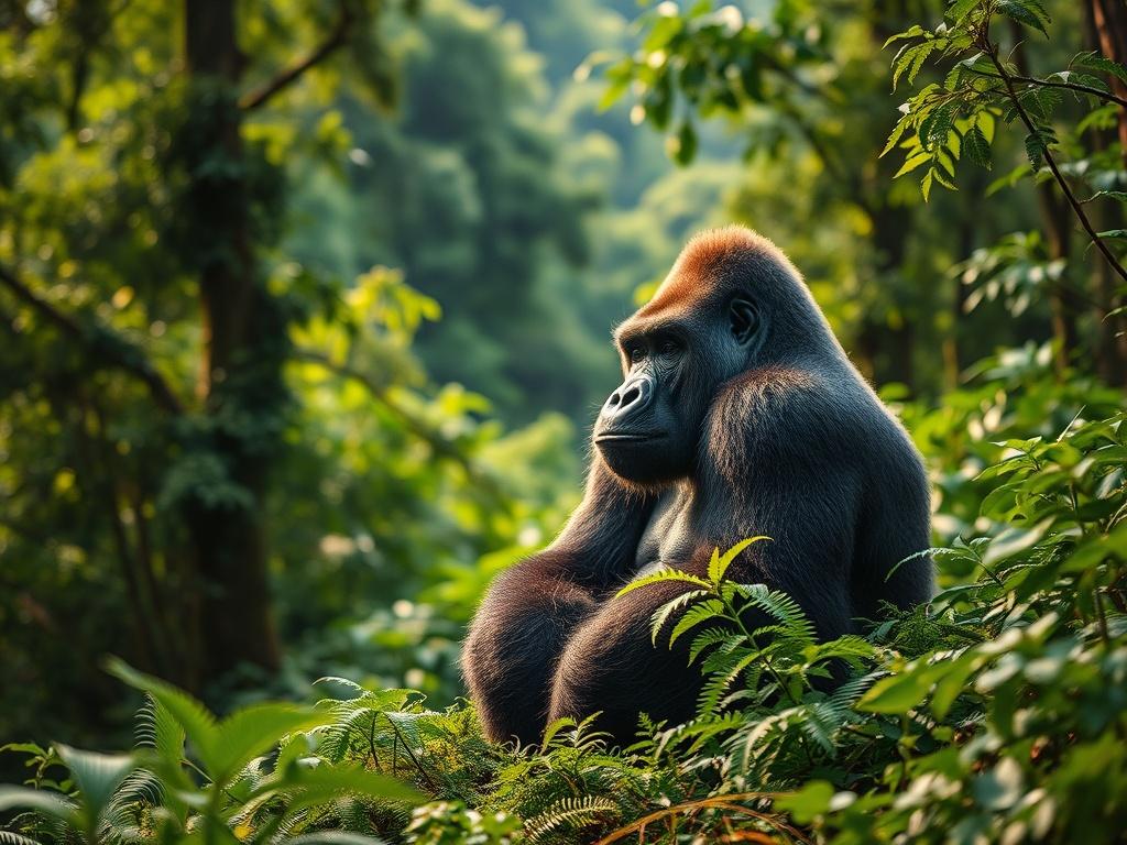 Create a realistic high-resolution photo depicting a lone silverback gorilla in its natural habitat within the lush, mountainous forests of Rwanda. The composition should focus on the gorilla as the central subject, showcasing its majestic posture while it relaxes or forages among dense green foliage, embodying the essence of its powerful presence. 

In the background, depict the rich textures of the Rwanda rainforest, filled with layers of vibrant green trees, ferns, and underbrush, softly blurred to highl