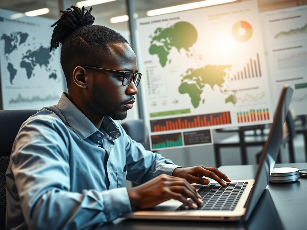 A realistic close-up shot of a researcher analyzing financial data on a laptop, surrounded by charts and graphs depicting Africa's economic landscape. The background should be a modern office setting with clear lighting, emphasizing a professional atmosphere. The subject should be focused and engaged in their work, representing the dedication to rigorous research and policy advocacy.