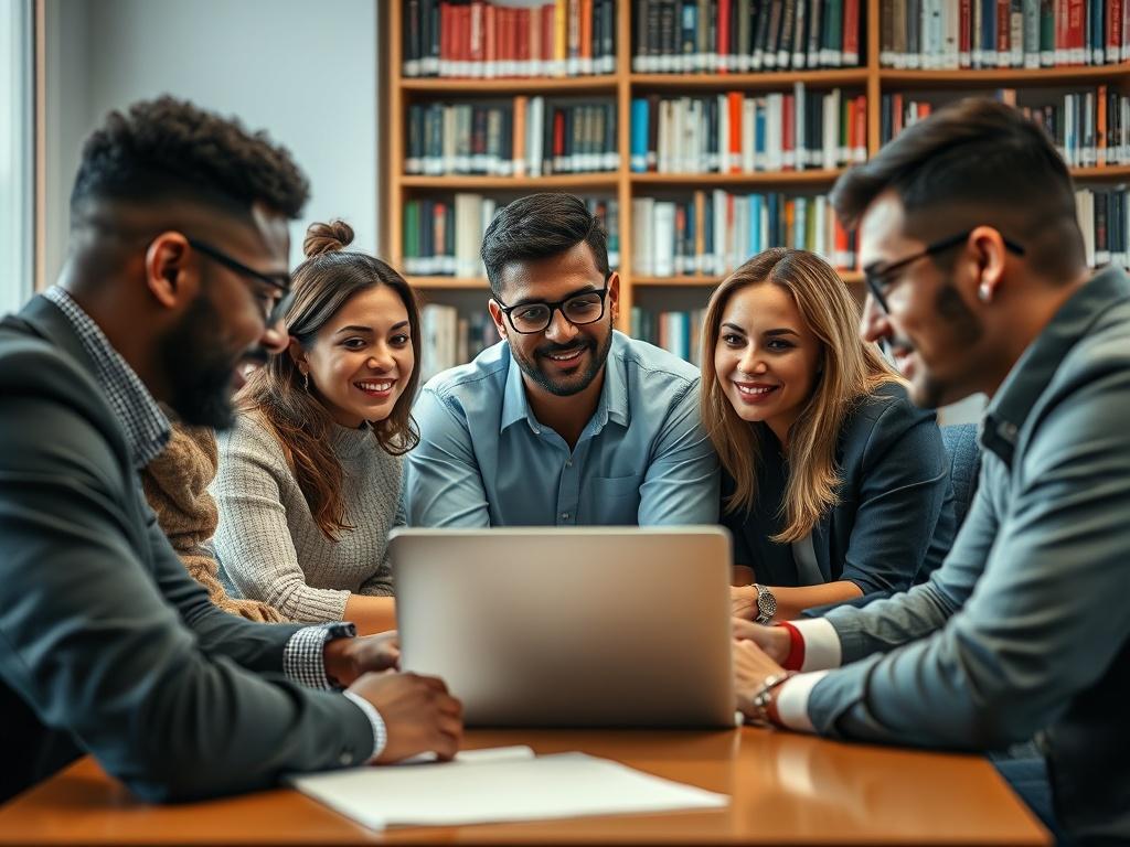 A hyper-realistic close-up shot of a diverse group of professionals engaged in a collaborative meeting, with a focus on a laptop displaying research data. The background features bookshelves lined with research materials, creating an academic atmosphere. The lighting is bright and inviting, emphasizing a sense of teamwork and innovation.