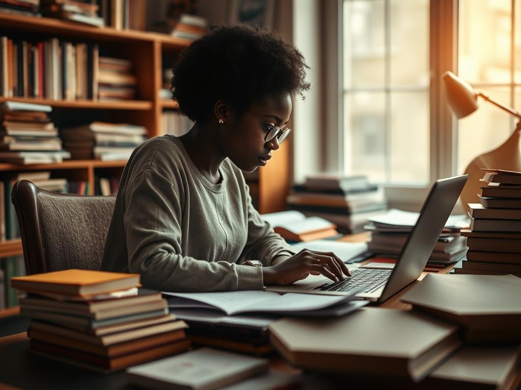 A close-up shot of a student working on a thesis at a desk cluttered with books and papers. The student, a young African woman, is deeply focused on her laptop while surrounded by notes and reference materials. The setting is a cozy study room with warm lighting, conveying a sense of dedication and hard work.