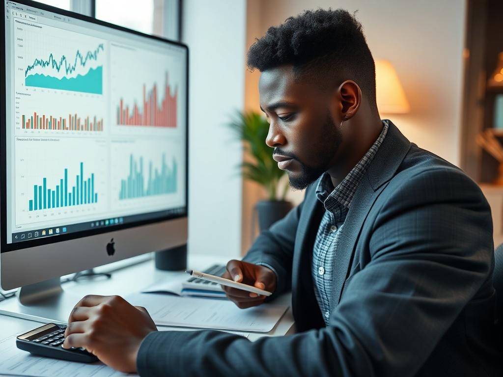 A close-up shot of a financial analyst reviewing graphs and charts on a computer screen. The analyst, a young African man in a smart casual outfit, is focused and taking notes. The workspace is modern, showcasing financial documents and a calculator, symbolizing analysis and strategic planning.